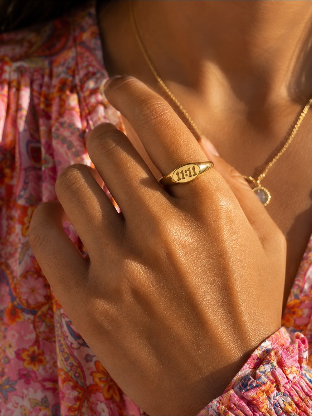 11:11 Angel Number Gold Tone Signet Ring Stainless Steel